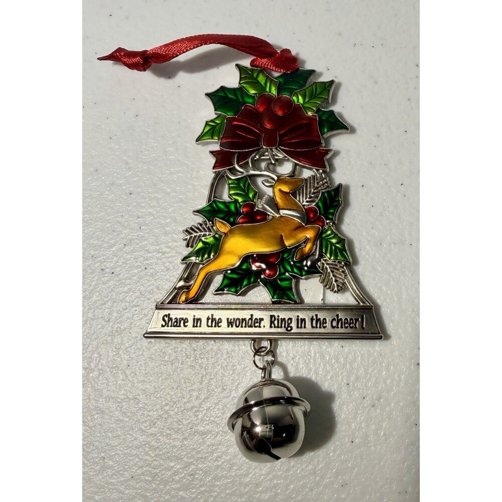 Ganz Christmas Ornament Bell Holly Reindeer Design “Share In The Wonder/Ring In”